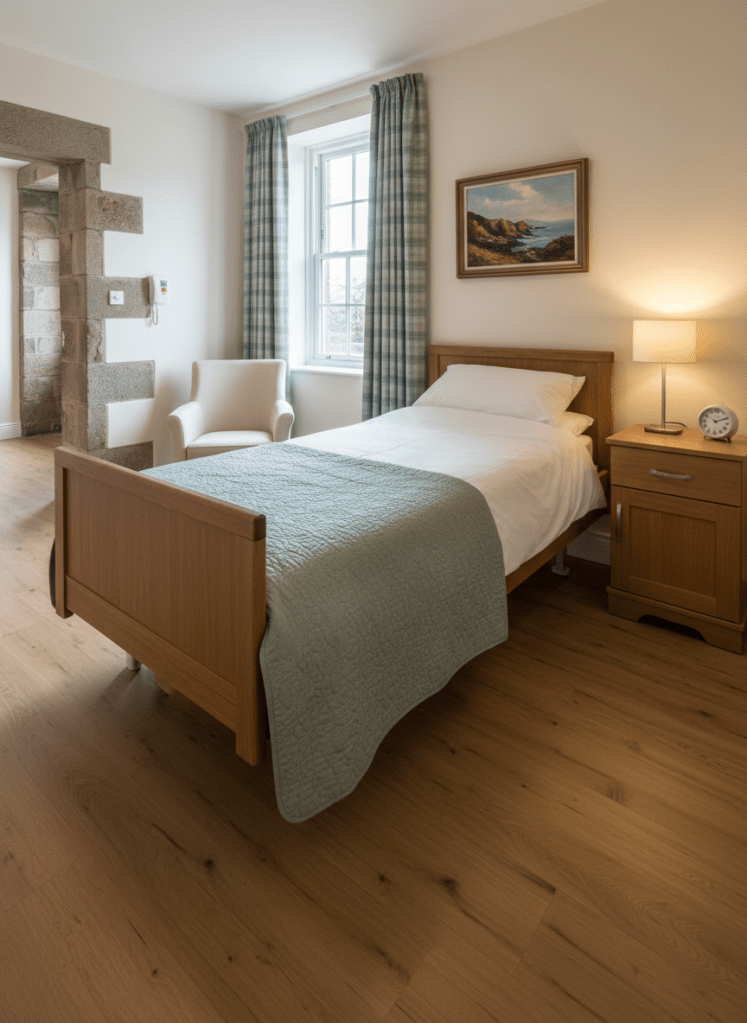 A spotless, compact nursing bedroom in a traditional stone-built Scottish care home, featuring a height-adjustable wooden care bed with neatly tucked white linens and a soft sage-green bedspread. A polished bedside cabinet holds a reading lamp, a framed coastal landscape painting, and a small ceramic clock. The window, dressed with subtle plaid curtains, lets in gentle overcast daylight that spreads evenly across the light oak flooring. A comfortable armchair and a discreetly positioned nurse call panel complete the scene. Photographic realism with a wide-angle, eye-level view captures the entire room in sharp focus, conveying safety, comfort, and dignity in a ‘home from home’ environment.