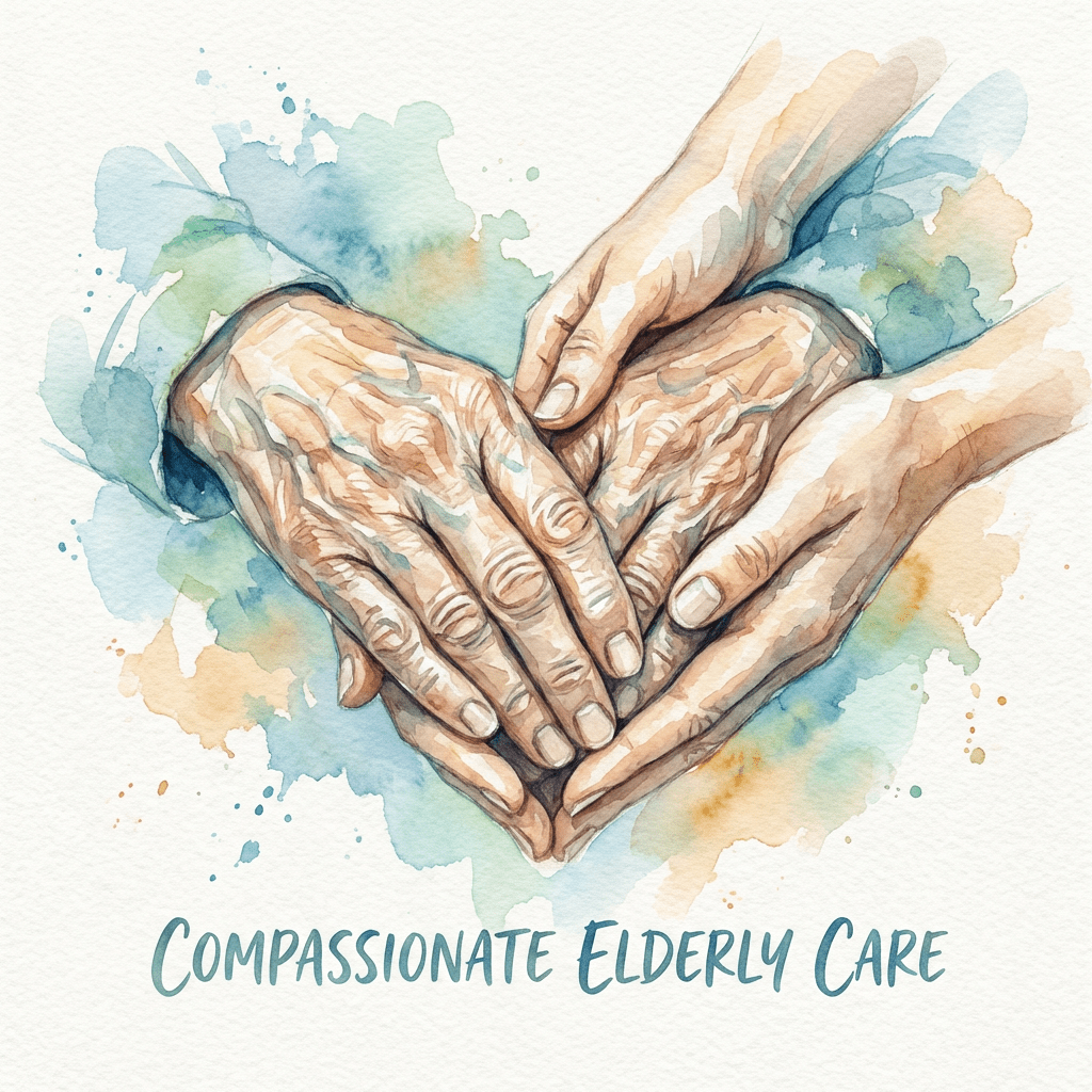 Watercolor of young and old hands forming a heart. Text: COMPASSIONATE ELDERLY CARE.